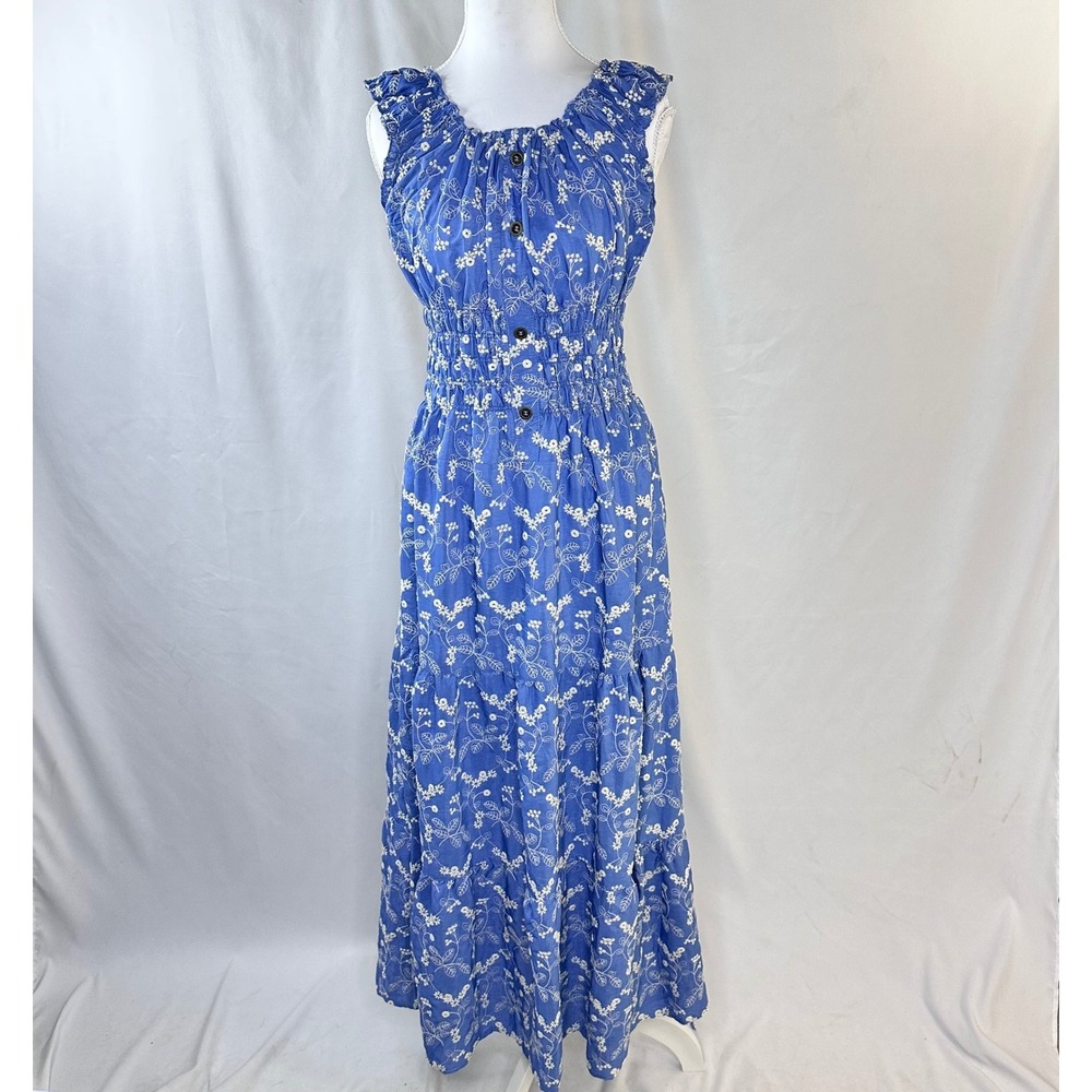Indigo & Lace Size M Maxi Dress Blue Embroidered Smocked Floral Tiered Coquette
